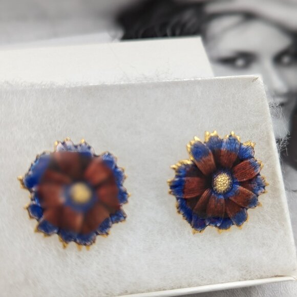 1980s Enamel Flower Pierced Post Earrings Purple Blue Glam Diva Artsy Gold Plt - Picture 8 of 9